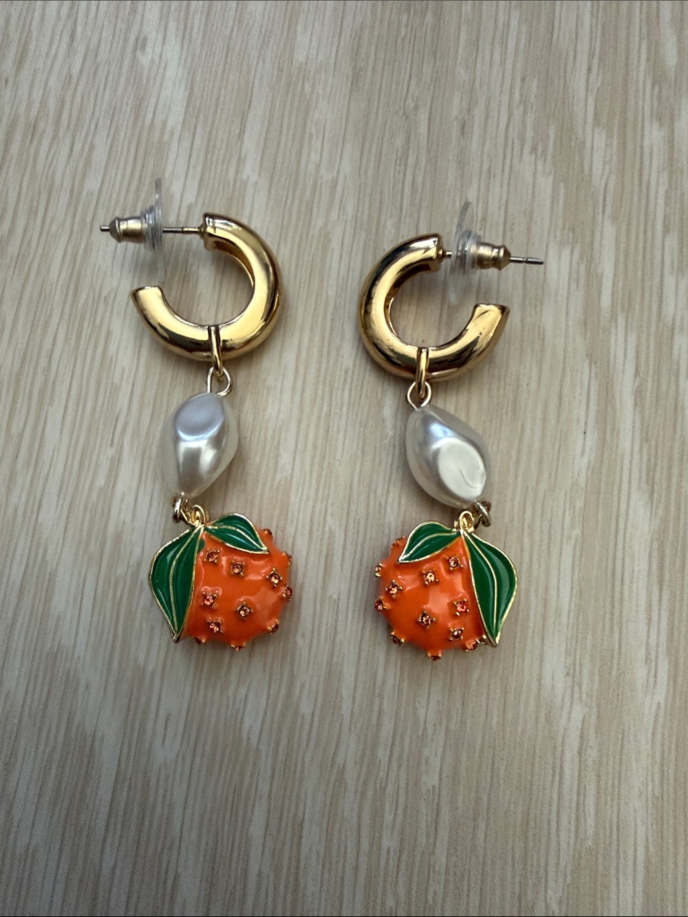 Gold Hoop Earrings with Orange Enamel Fruit Charms and Pearl Drops
